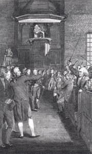 エルカナティスデイル（1768〜1835）によって彫刻されたジョントランボール作「M&39;Fingal」からのタウンミーティング、1770年頃1795 作： American School